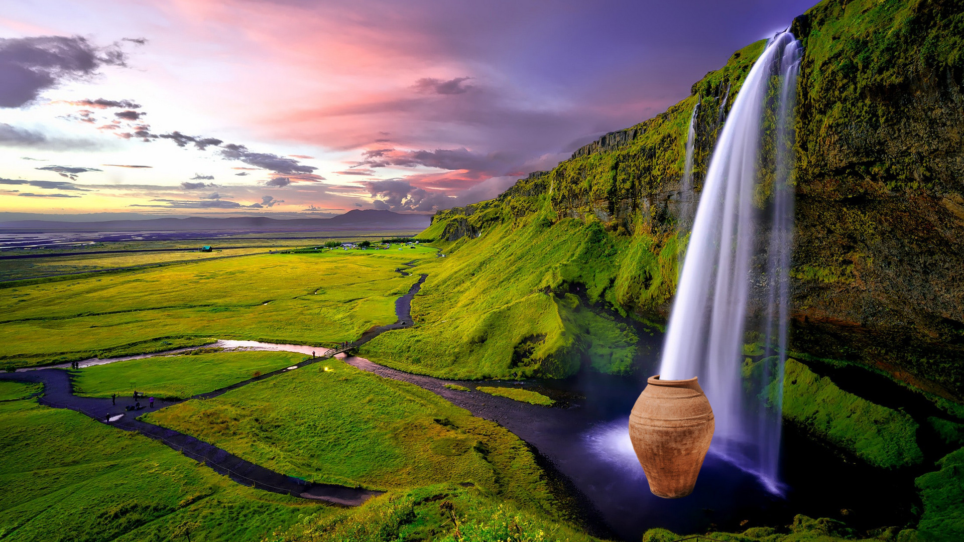 Photo of a waterfall flowing into a large jar